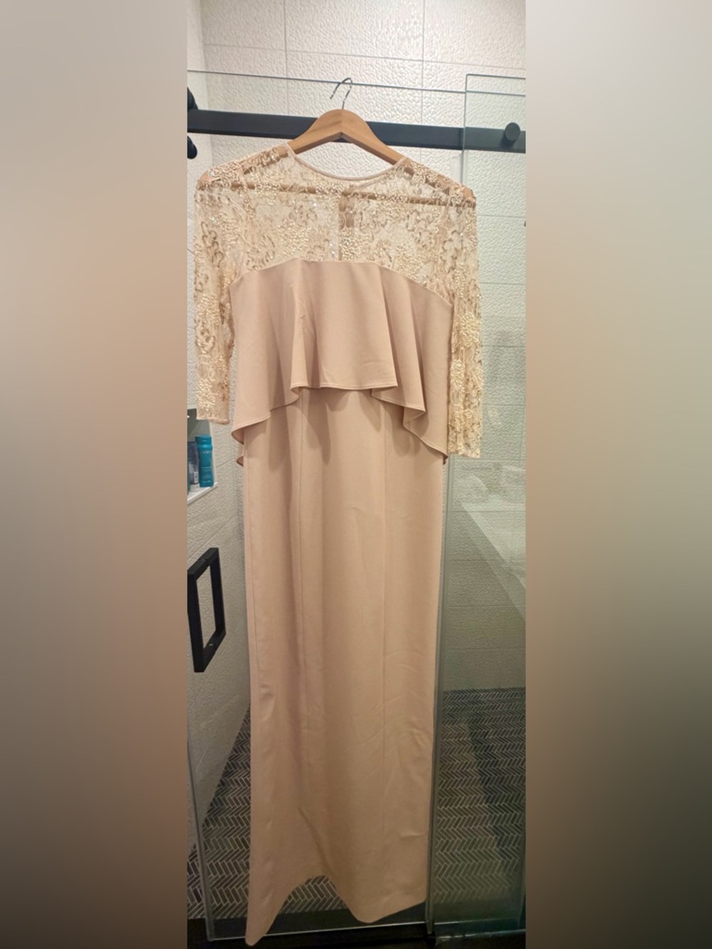 Teri Jon Blush Lace Sleeve Maxi Dress